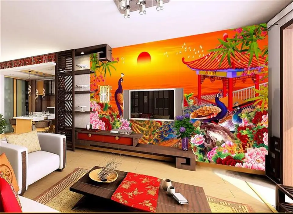 Custom 3d photo wallpaper room mural Sunrise Peacock flower landscape HD sofa TV background non-woven | Обустройство дома