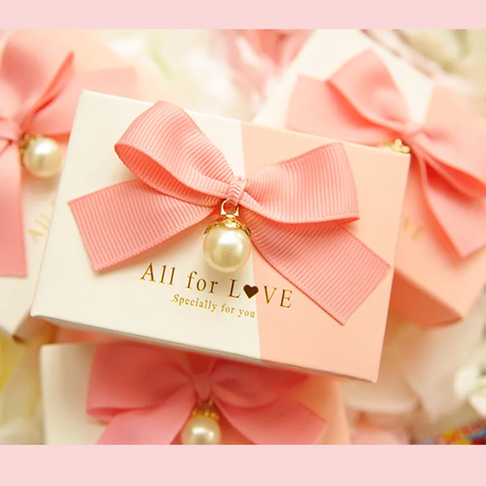 

Promotion 50pcs aestheticism Pearl ribbon bowknot Wedding Birthday Guests Event party small goods pink white Candy Favor Boxes