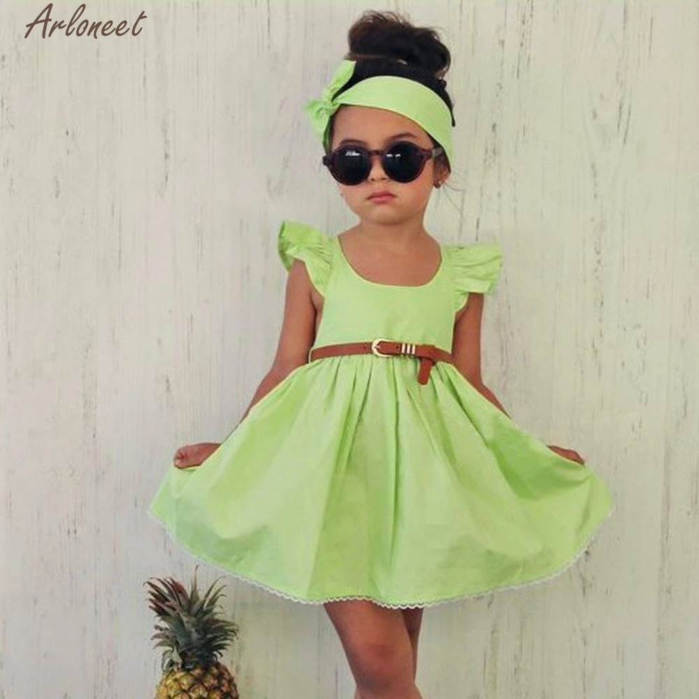 2017 модная одежда для маленьких девочек платья принцессы с бантом + пояс повязка