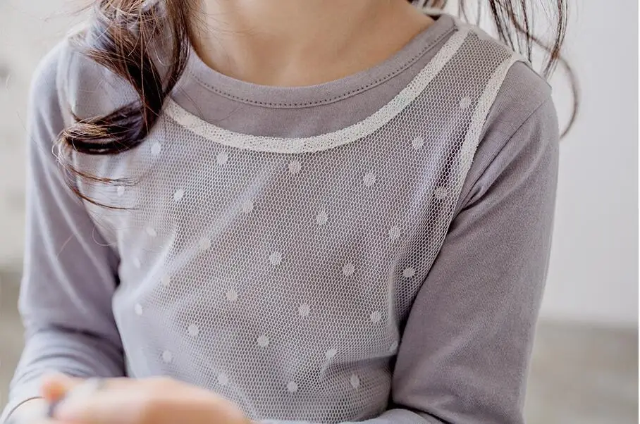 2020 Sunny Autumn Spring New Fashion Kids Casual Style Lace Dot O-Neck Little Girl Two-piece Grey Long Sleeve Designer Dresses | Детская