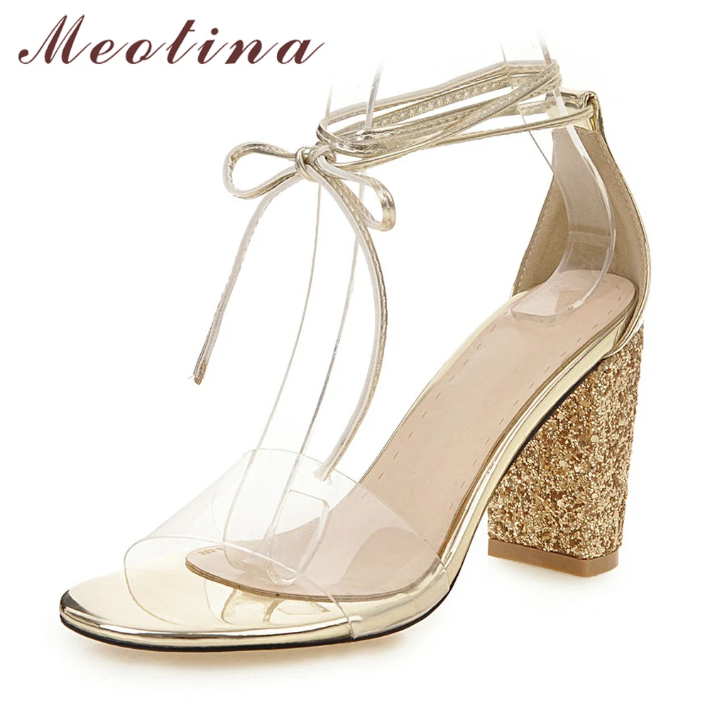 Женские босоножки с бантом Meotina прозрачные сандалии на очень высоком квадратном