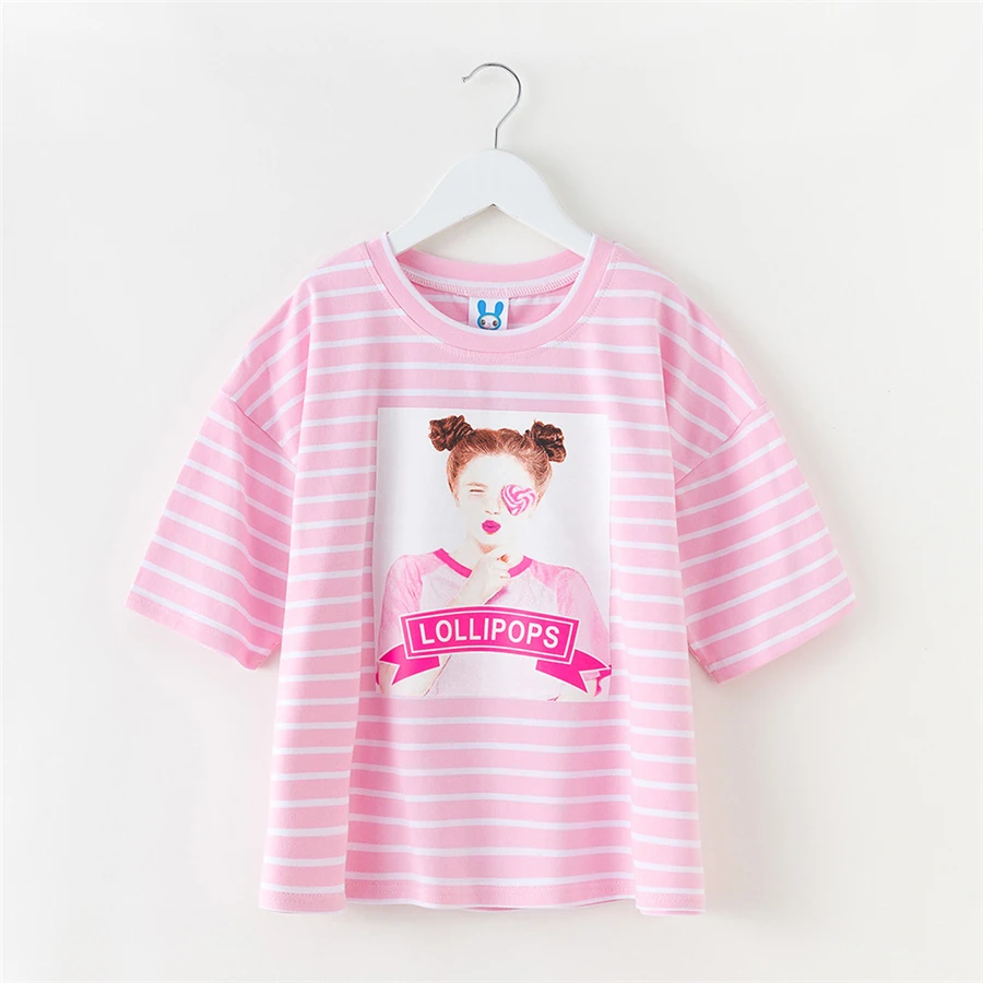 Модная розовая рубашка в полоску для девочек летний топ с принтом лица футболка