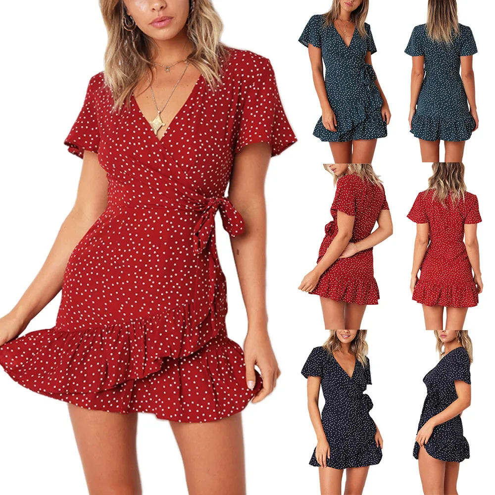 2019 Fashion Summer Women Dot Floral Flare V Neck Bow Ruffles Bohemian Party Short Dress Sundress Vestido de las mujeres | Женская