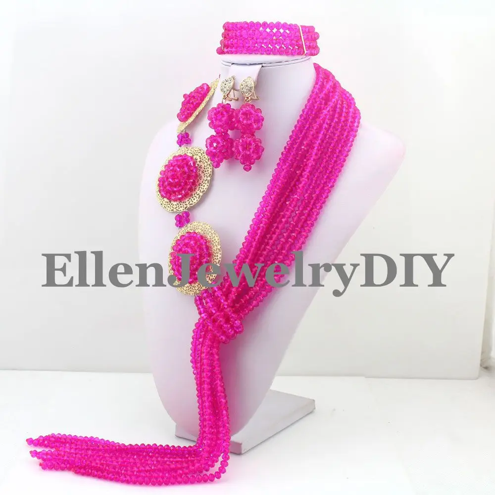 New Hot Pink African nigerian Wedding bridal beads Jewelry Set style Crystal beaded necklace women W10365 | Украшения и