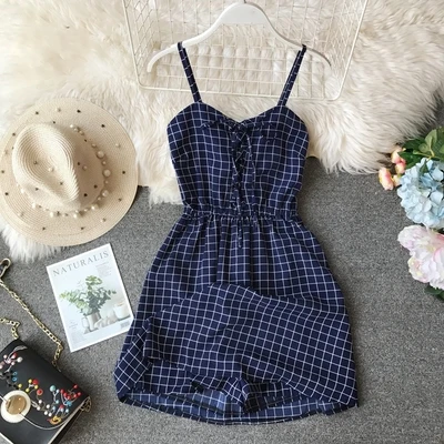 blue check ALPHALMODA, летний женский пляжный комбинезон с цветочным принтом, на шнуровке, на груди, эластичный сзади, без рукавов, повседневный короткий шифоновый комбинезон - Цвет: blue check