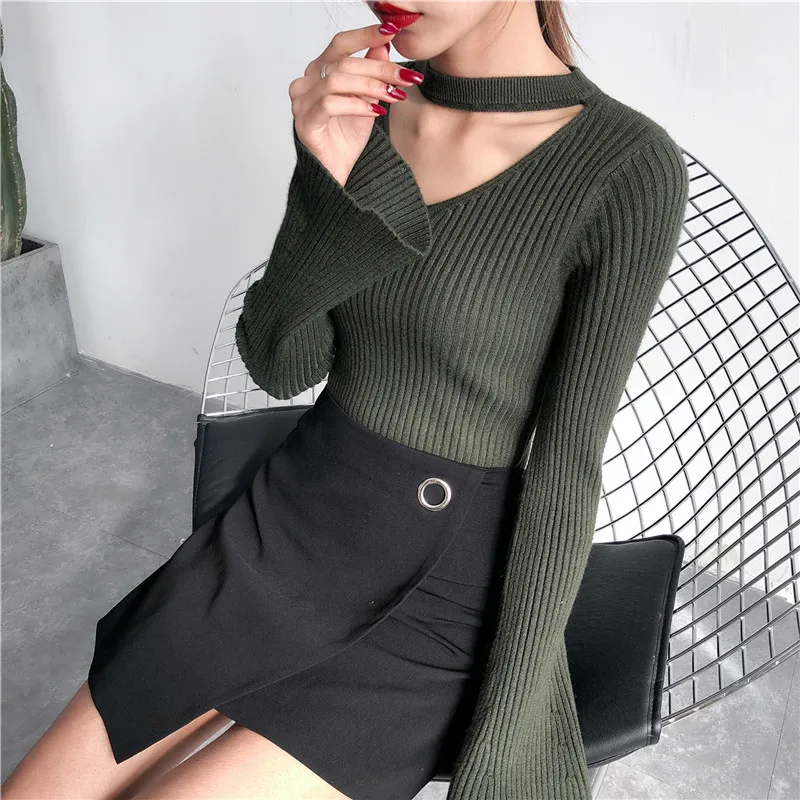 8166 (3 room 8 Row 6) solid color new V collar sleeve knitted sweater 37 | Женская одежда