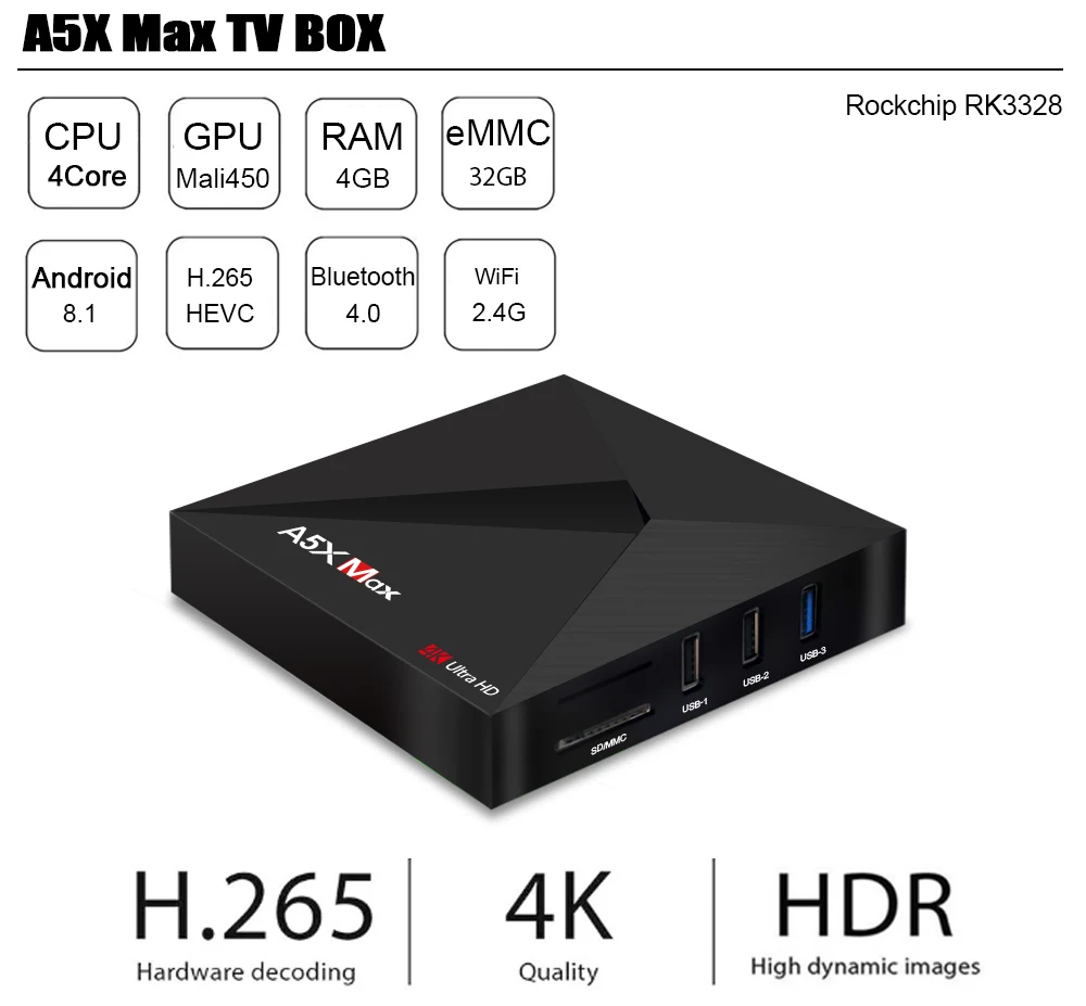 A5X MAX Android 8 1 ТВ коробка 4 ГБ 32 Smart RK3328 Quad Core 2 г/5 г Wi Fi Bluetooth 0 HDMI К Media Player|ТВ-приставки и