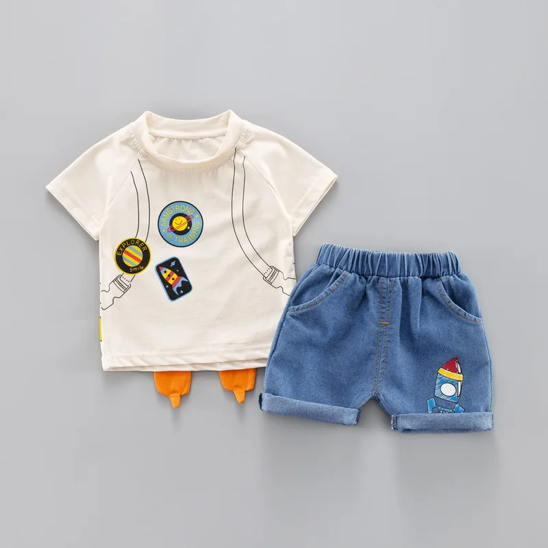 Rocket Boys Clothes Summer Clothing Set Short-Sleeve O-Neck T Shirt + Short Jeans Suit Children Outfit 1 2 3 4 Years | Детская одежда и