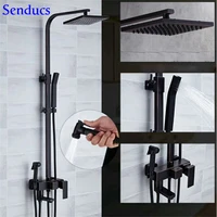 senducs black shower set rain fall top shower system with quality brass black bathroom shower faucet with bidet faucet
