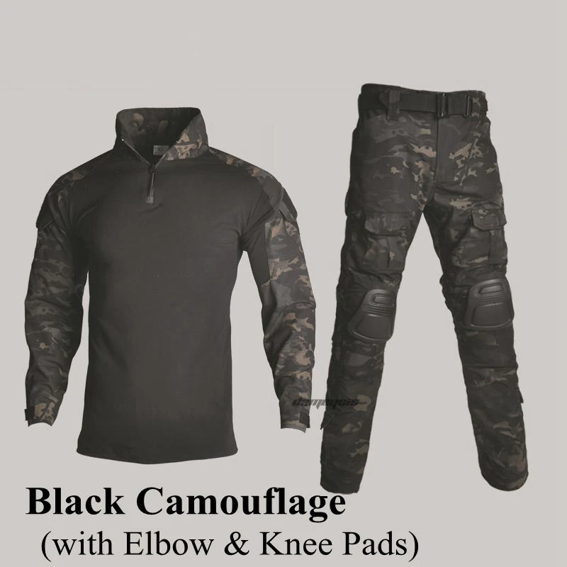 black camouflage Тактические боевые костюмы военная форма дышащая страйкбол стрельба одежда охота одежда рубашки+ брюки налокотники наколенники - Цвет: black camouflage