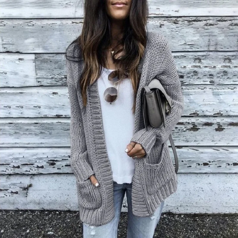 Women's Fashion Casual Long Sleeves Solid Color Knitted Cardigan New Loose Slim Fit Sweater Coat with Pockets |