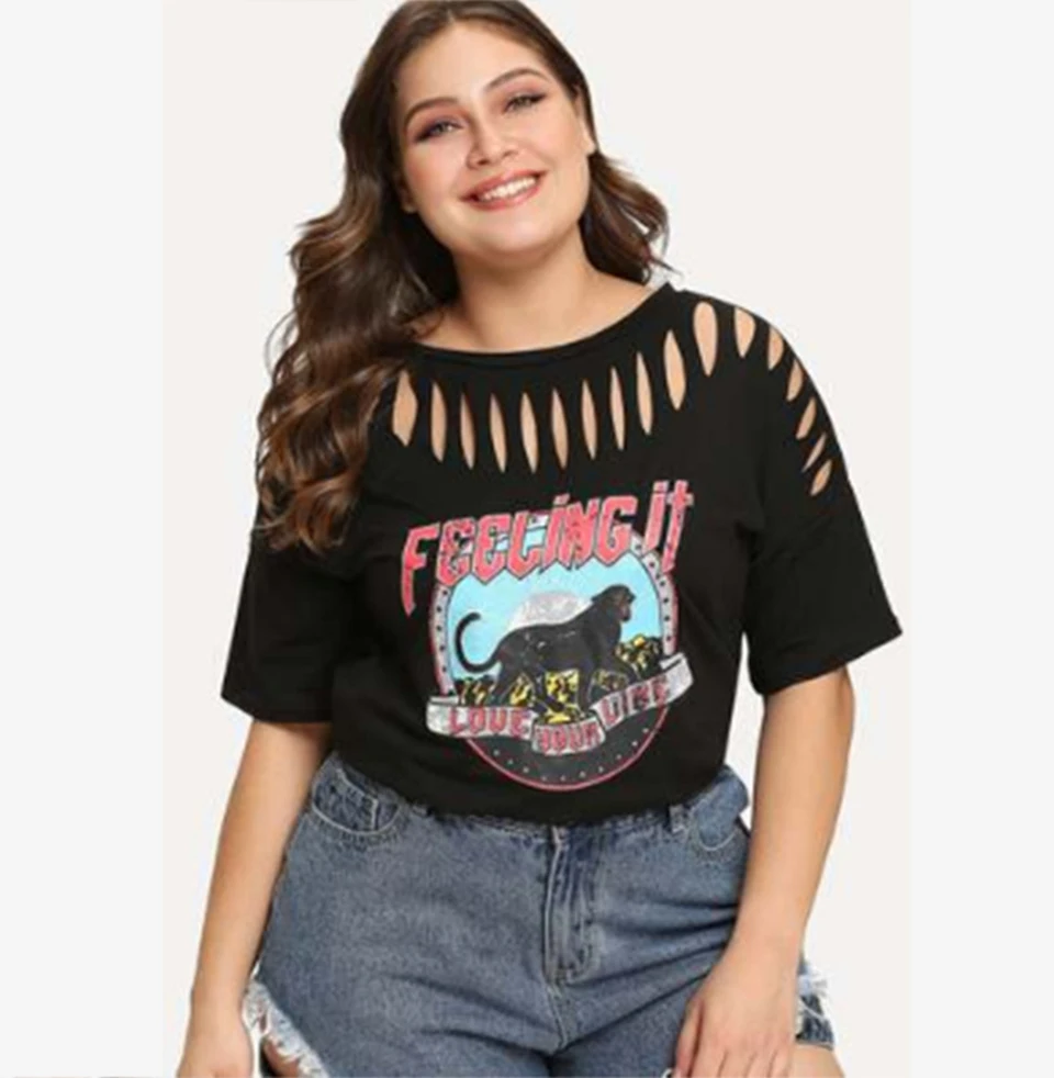 

Women's Plus Size T Shirt XL-5XL New Arrivals Fashion Animal Printed Tee Tops Casual Female Hollow Out T-shirts