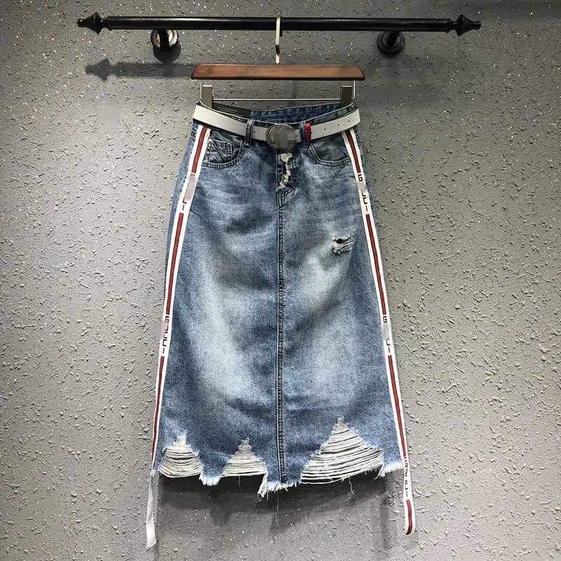 2018 Новый high street Женщины Юбки Леди Мода отверстия Империя синий деним до колен