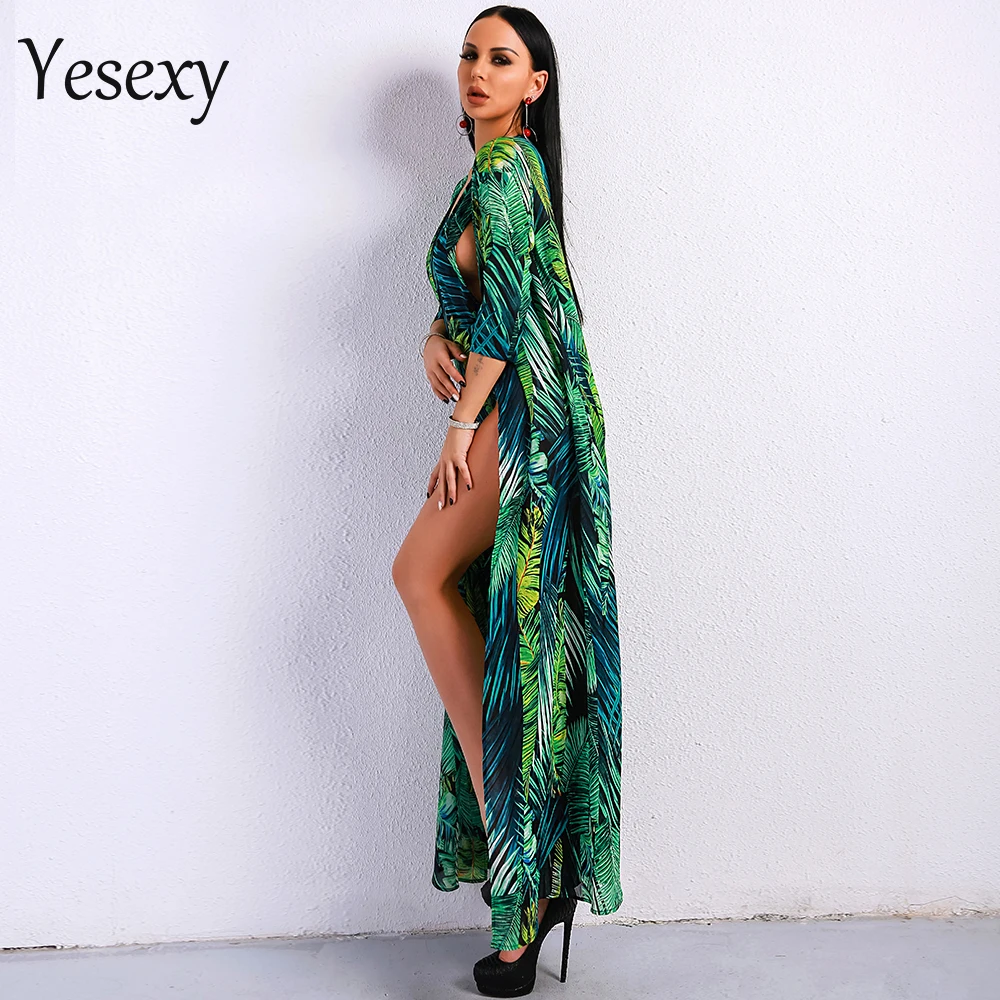 Yesexy, Летний Пляжный комбинезон макси, бохо, зеленый, глубокий v-образный вырез, пляжный костюм с принтом, богемный стиль, длинный рукав, сексуальный, длинный комбинезон, VR9111