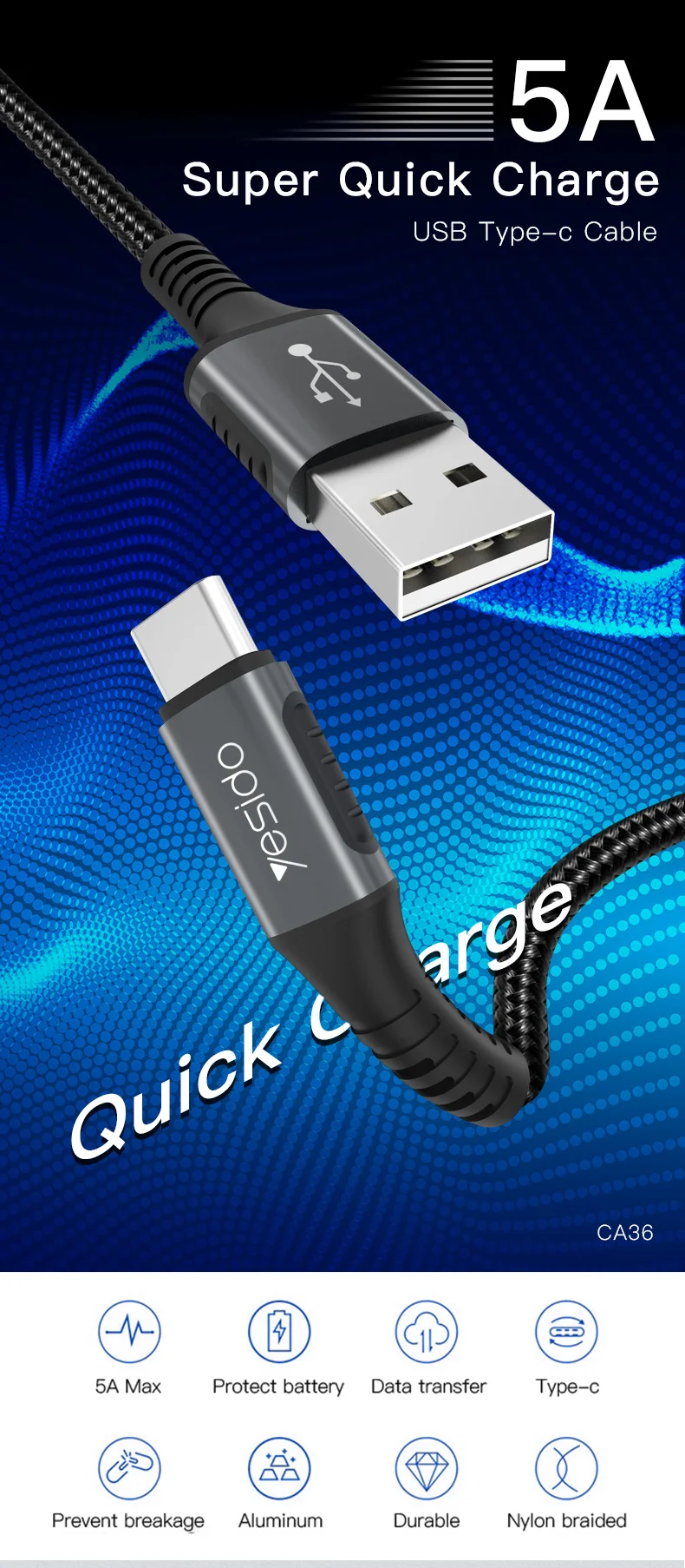 Yesido CA36 Кабель с разъемом usb-c для 5A быстрая Зарядное устройство Тип USB C кабель для samsung S9 Note 9 Oneplus 6 huawei P20 Быстрая зарядка провод, usb-кабель