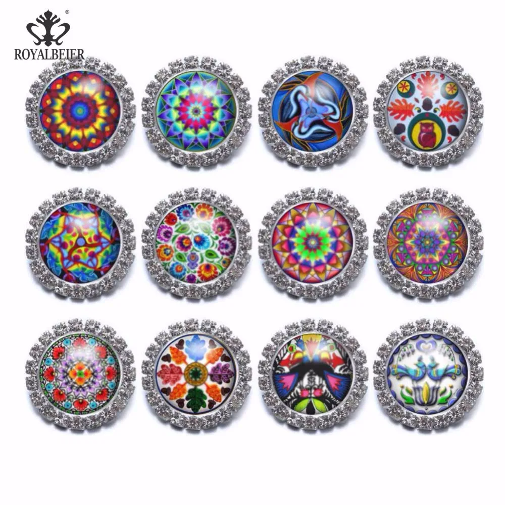 12pcs 18mm Snap Button Rhinestone Charms Bracelet Pink Exotic Kaleidoscope Flower Theme For 20mm Jewelry KZ0920e | Украшения и