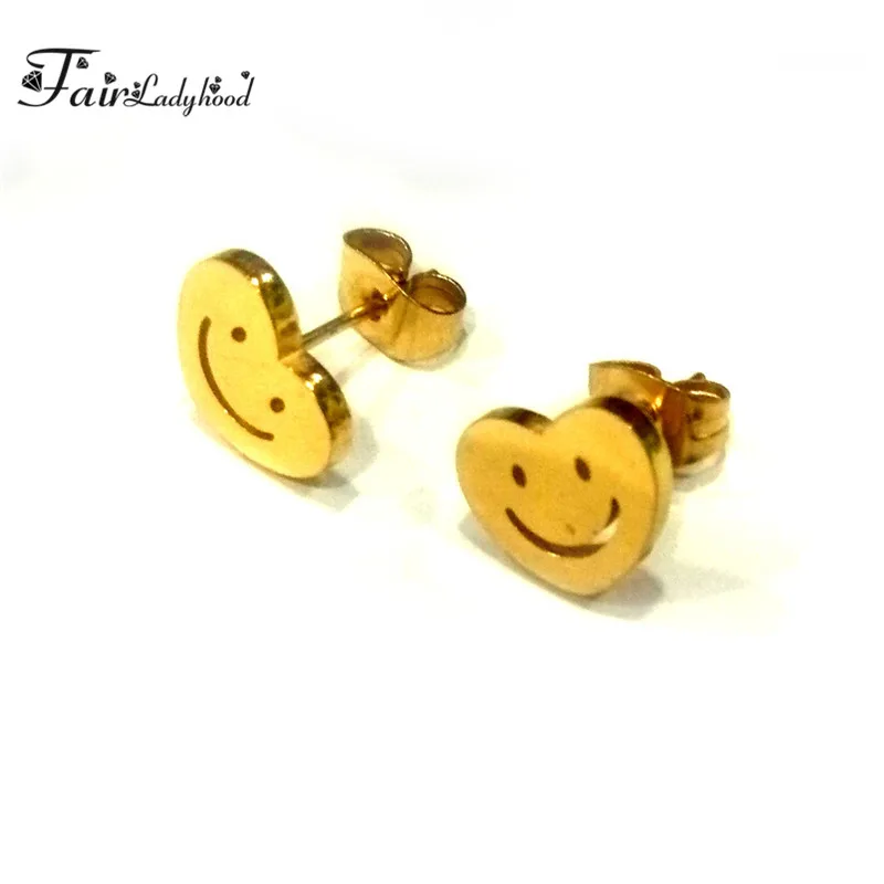 FairLadyHood Stud Earrings For Women Girls Stainless Steel Heart Shape Smile Face Women's Jewelry Gift | Украшения и