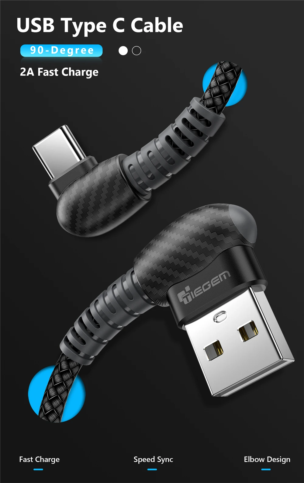 TIEGEM type C кабель 2A Быстрая зарядка 90 градусов USB C кабель для Xiaomi 6 8 samsung S8 S9 Plus Note 8 9 для huawei P9 P10 P20