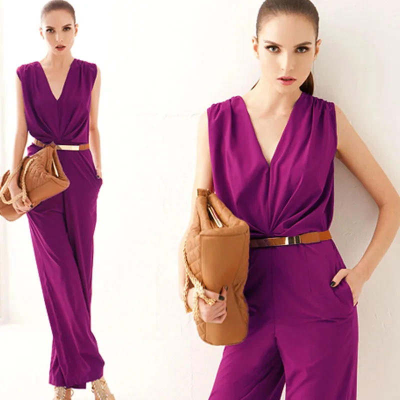 Длинный синий комбинезон женский весна вечерние рукавов Вечеринка v образный