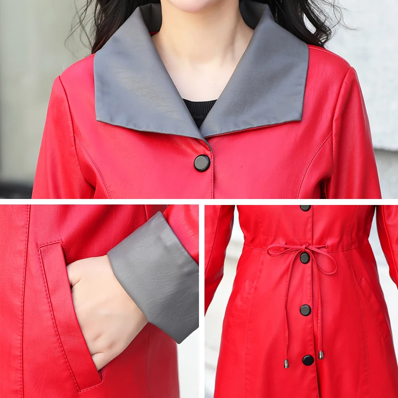 

Women Faux Leather Jacket With Belt 2018 Ladies New Elegant Washed PU Leather Trench Long Coats Female Outerwear Plus Size
