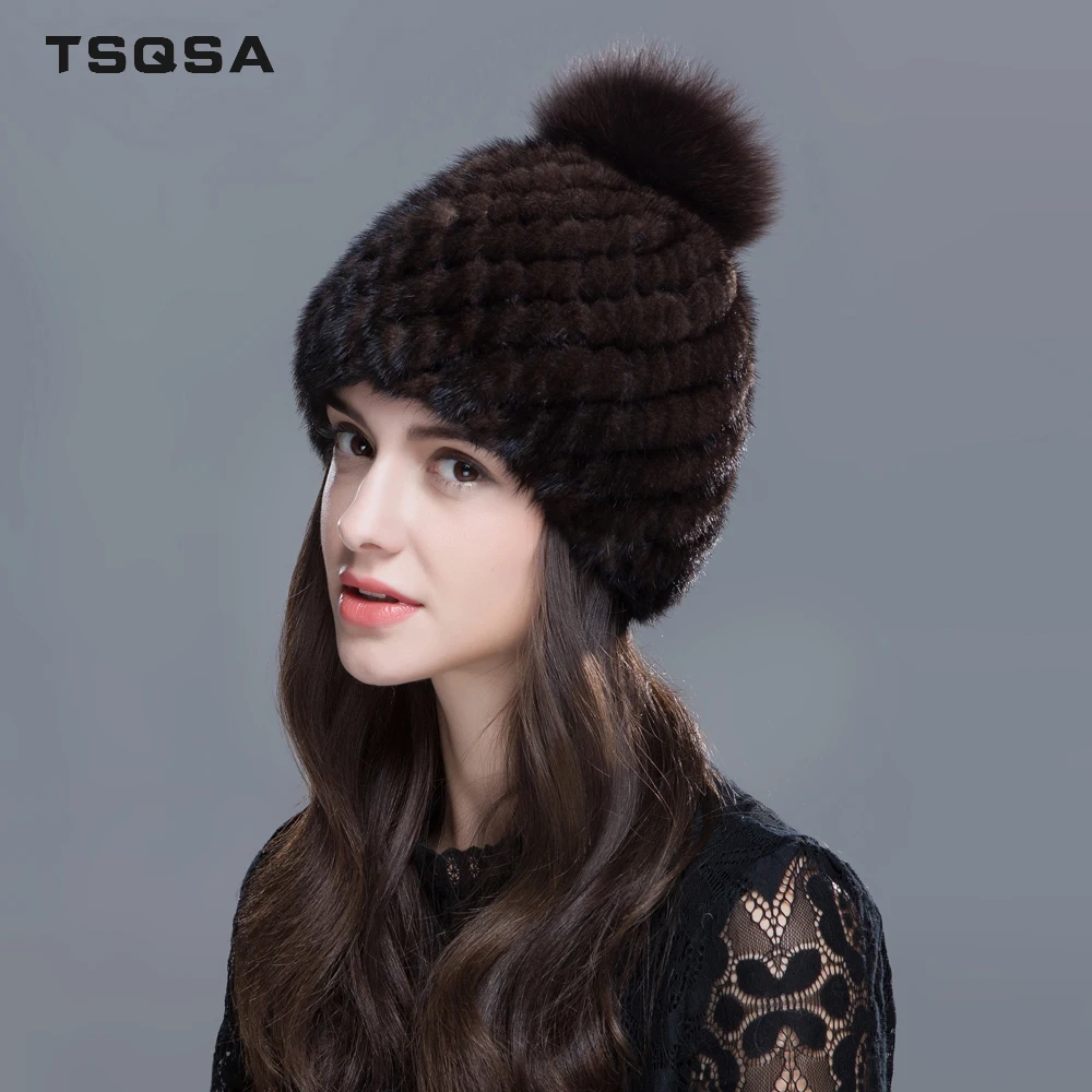 TSQSA Натуральный Енот Норки Шапки Мех Шляпа для Женщин Зима Лиса Меховые Помпоны