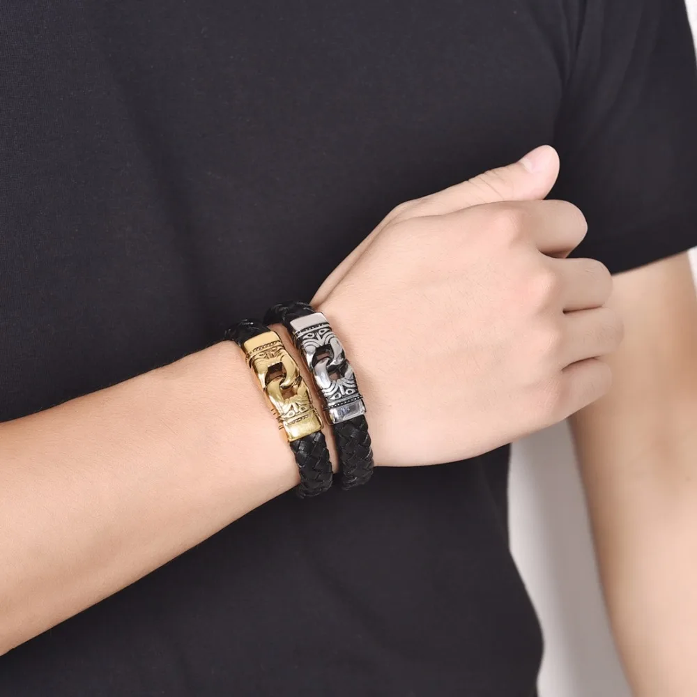 OBSEDE Men Punk Classical Jewelry Braided Leather Bracelet Stainless Steel Magnetic Clasp Gold/Sliver single Wristband Pulseiras