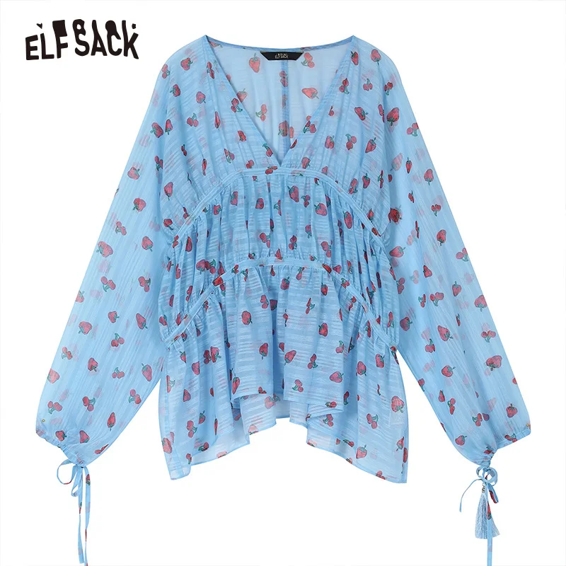 Blue ELF SACK/Модные женские шифоновые блузки со шнуровкой и принтом в винтажном стиле с v-образным вырезом, Длинные рубашки в уличном стиле, Летние повседневные женские топы - Цвет: Blue
