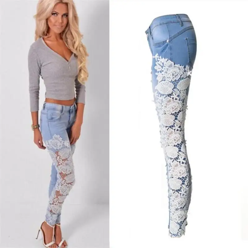 SupSindy/Летние повседневные женские кружевные джинсы сексуальные Лоскутные