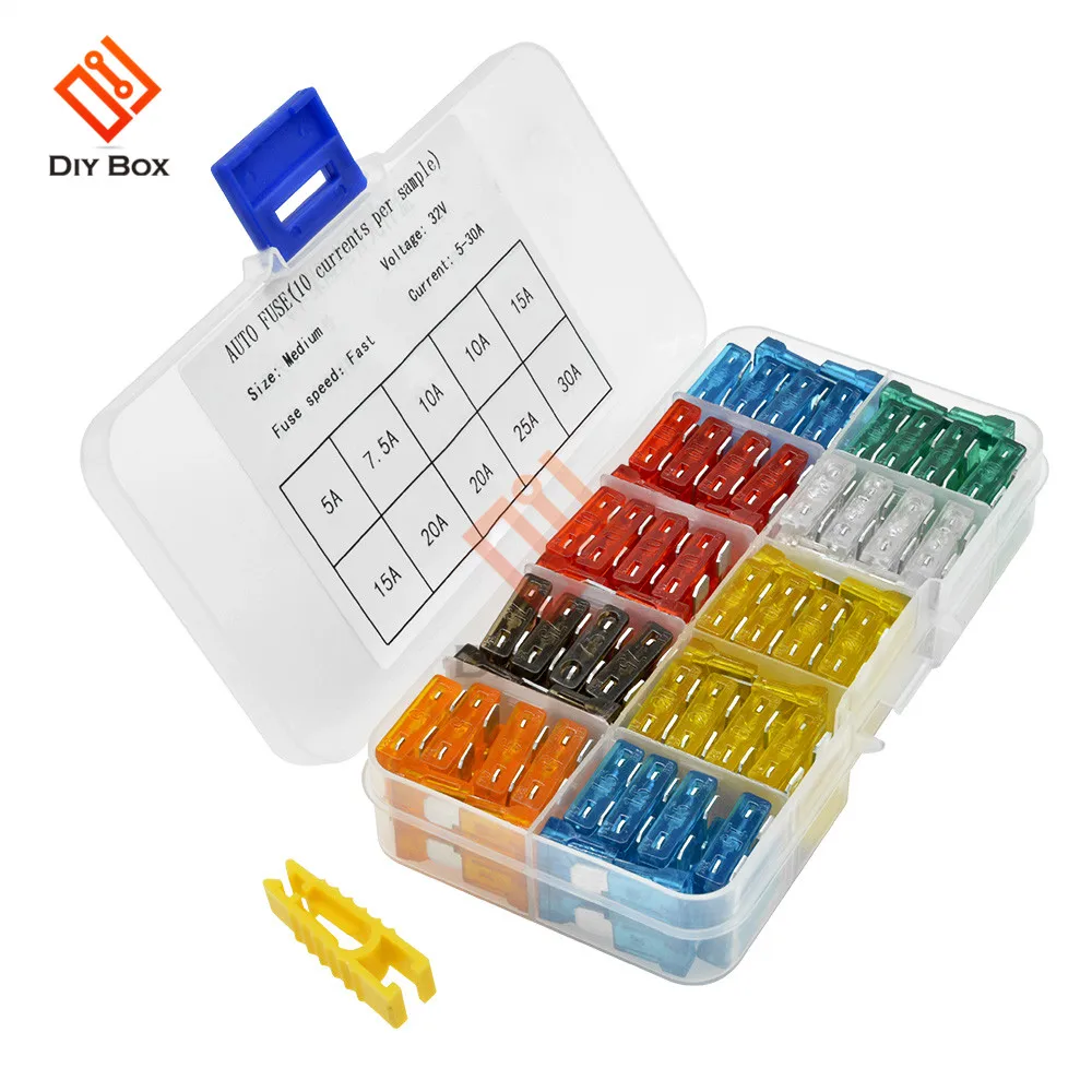 100 шт. предохранители для автомобиля 1,1x1 см 1,1x1,7 см 1,9x2 см 5A 7.5A 10A 15A 20A 25A 30A Amp с коробкой зажим ассортимент автоматический лезвие Тип предохранитель комплект