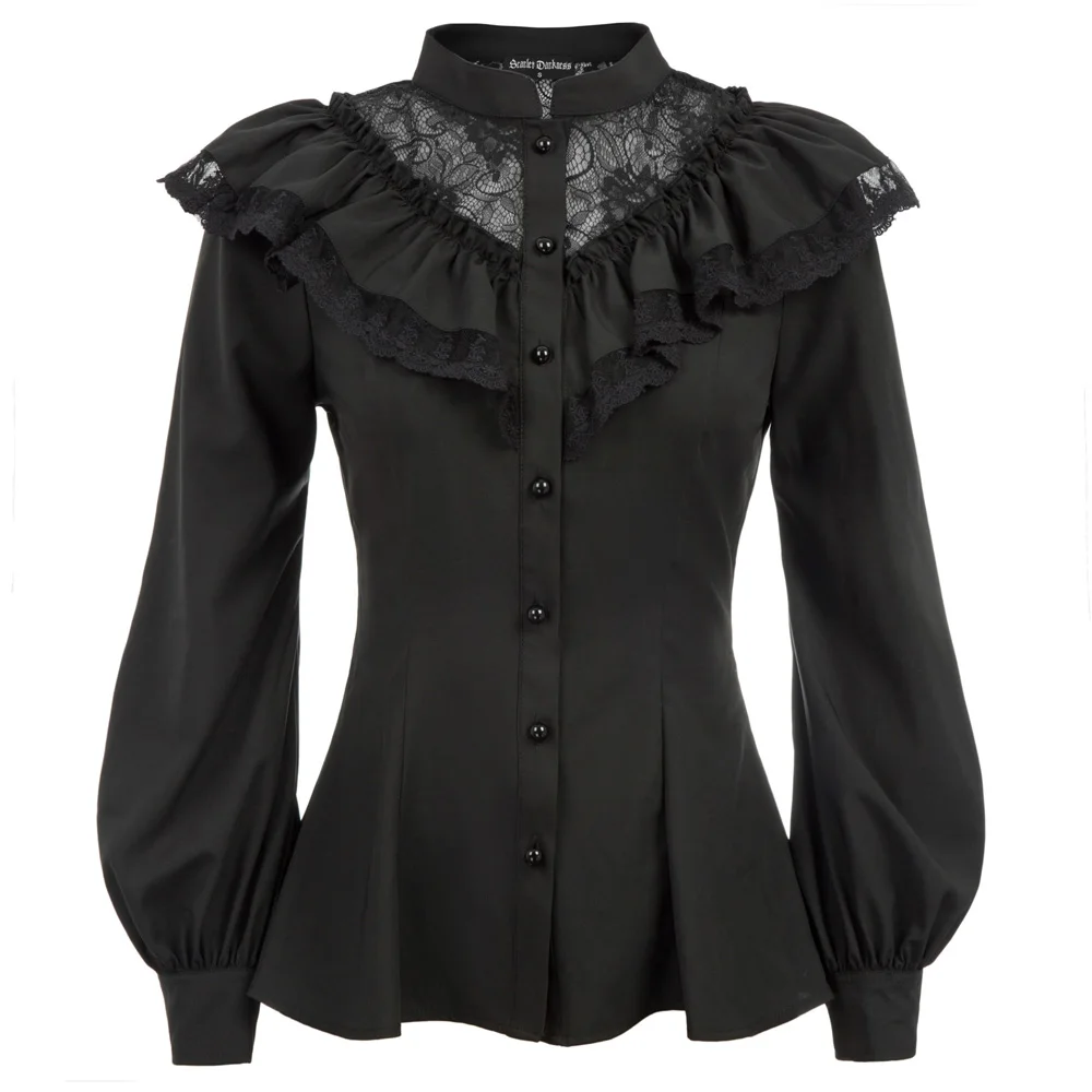 gothic shirt Women vintage blouses spring fall ladies Renaissance Long Sleeve Stand Collar Ruffle Decorated Shirt clubwear Tops