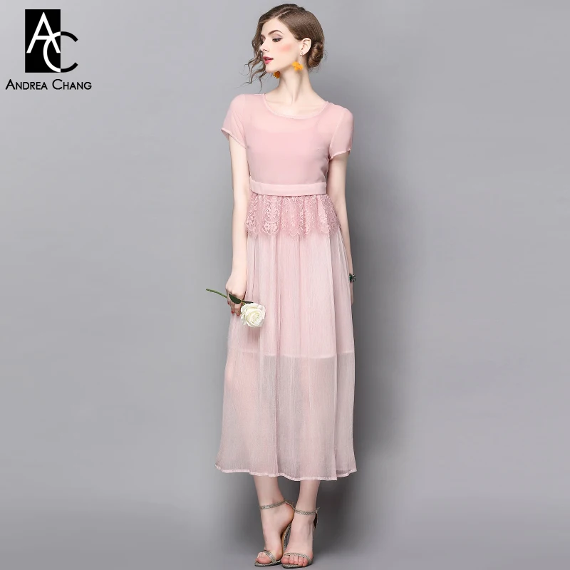 Весна осень взлетно посадочной полосы дизайнер женщины платья розовый шелк