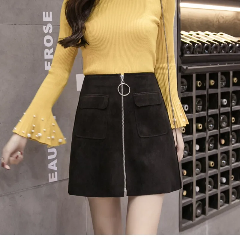 Женская замшевая мини-юбка облегающая трапециевидная юбка на молнии с передними