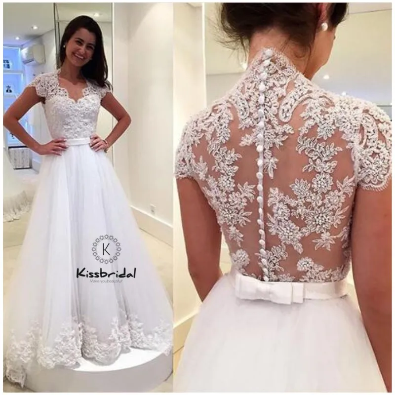 

vestido noiva New Cheap Wedding Dresses Button Back A-line Appliues Tulle Bride Wedding Gowns V-neck trouwjurk