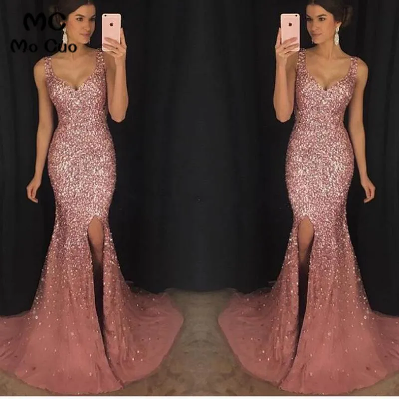 

2018 Luxuries Mermaid Prom Dresses Long with Crystals Beaded Vestido Longo Front Slit Tulle Formal Evening Party Dress