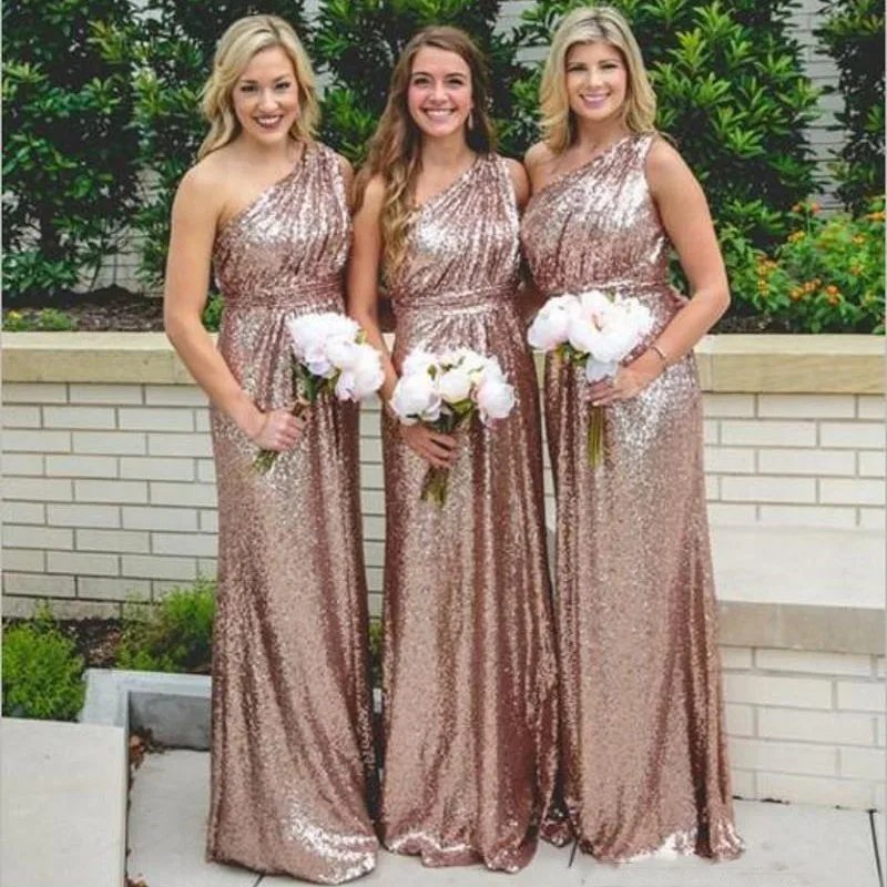 Rose Gold Sequins Bridesmaid Dresses 2019 Weddings One Shoulder A Line Long Floor Length Plus Size Formal Maid of Honor | Свадьбы и