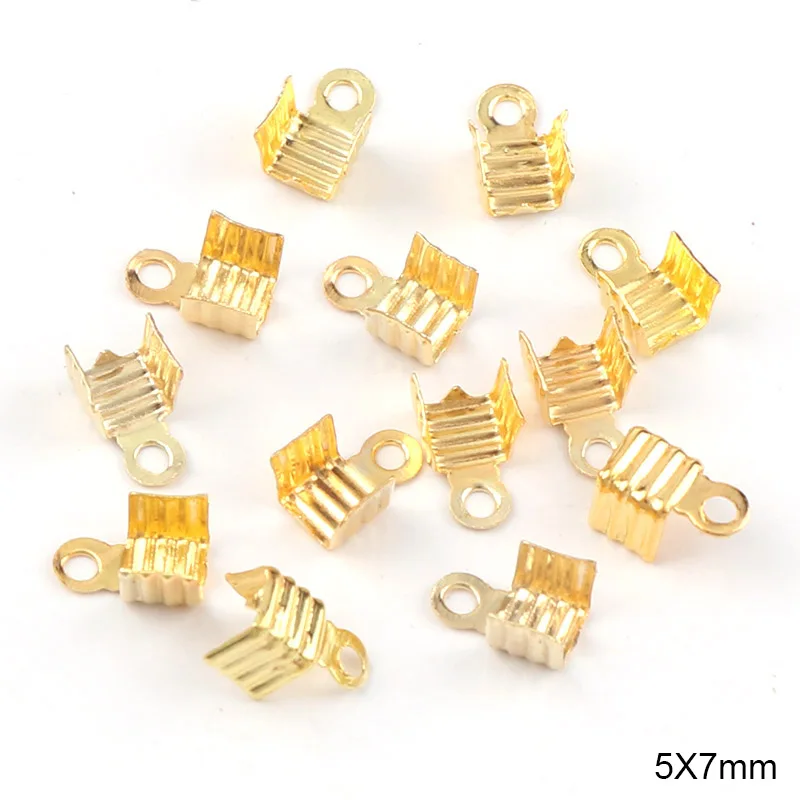 Gold 5x7 мм Обжимные бусины с застежками, концевые колпачки для шнура, веревка, лента, кожаный зажим, складной, сделай сам, ожерелье, соединители фурнитура для украшений - Цвет: Gold