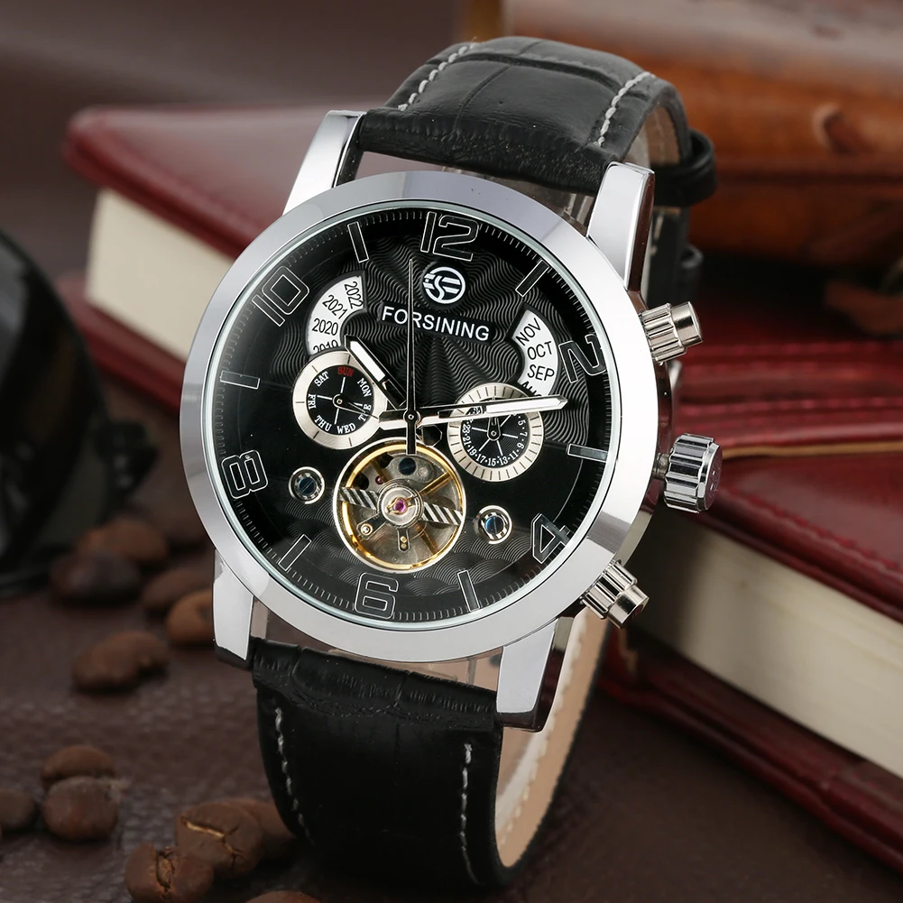Tourbillon Сталь Скелет механические часы с автоподзаводом натуральная кожа