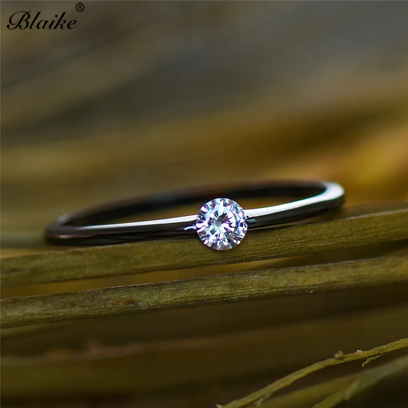 Blaike 925 пробы, серебряные кольца для женщин, один циркон, обручальные кольца, минималистичный маленький камень, тонкое кольцо, изящное черное кольцо на палец