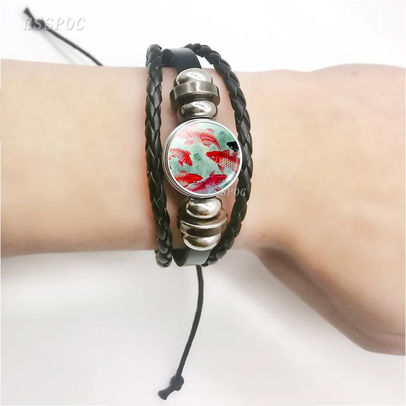 Японский Koi Fish Art черный кожаный браслет сделай сам стеклянный кабошон красная