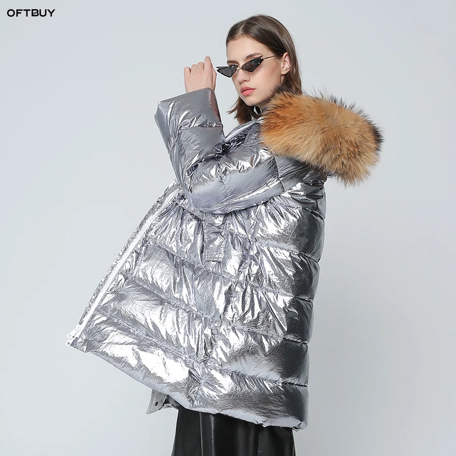 OFTBUY, серебристая парка, Длинные парки, зимняя куртка, Женское пальто из натурального меха, натуральный мех енота, утиный пух, пальто, Толстая теплая уличная одежда, бренд