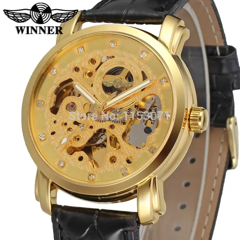 

WRG8078M3G4 new arrival free shipping winner Automatic gold skeleton watch black leather band wristwatchfor men brand