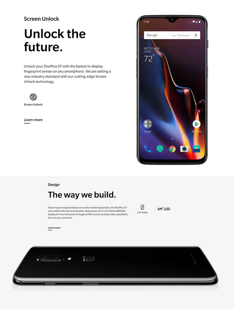 OnePlus 6 T 6 T глобальная Версия 8 Гб 128 ГБ Snapdragon 845 оптический AMOLED 6,4" дисплей 20 МП 3700 мАч ОС смартфон отпечаток пальца NFC