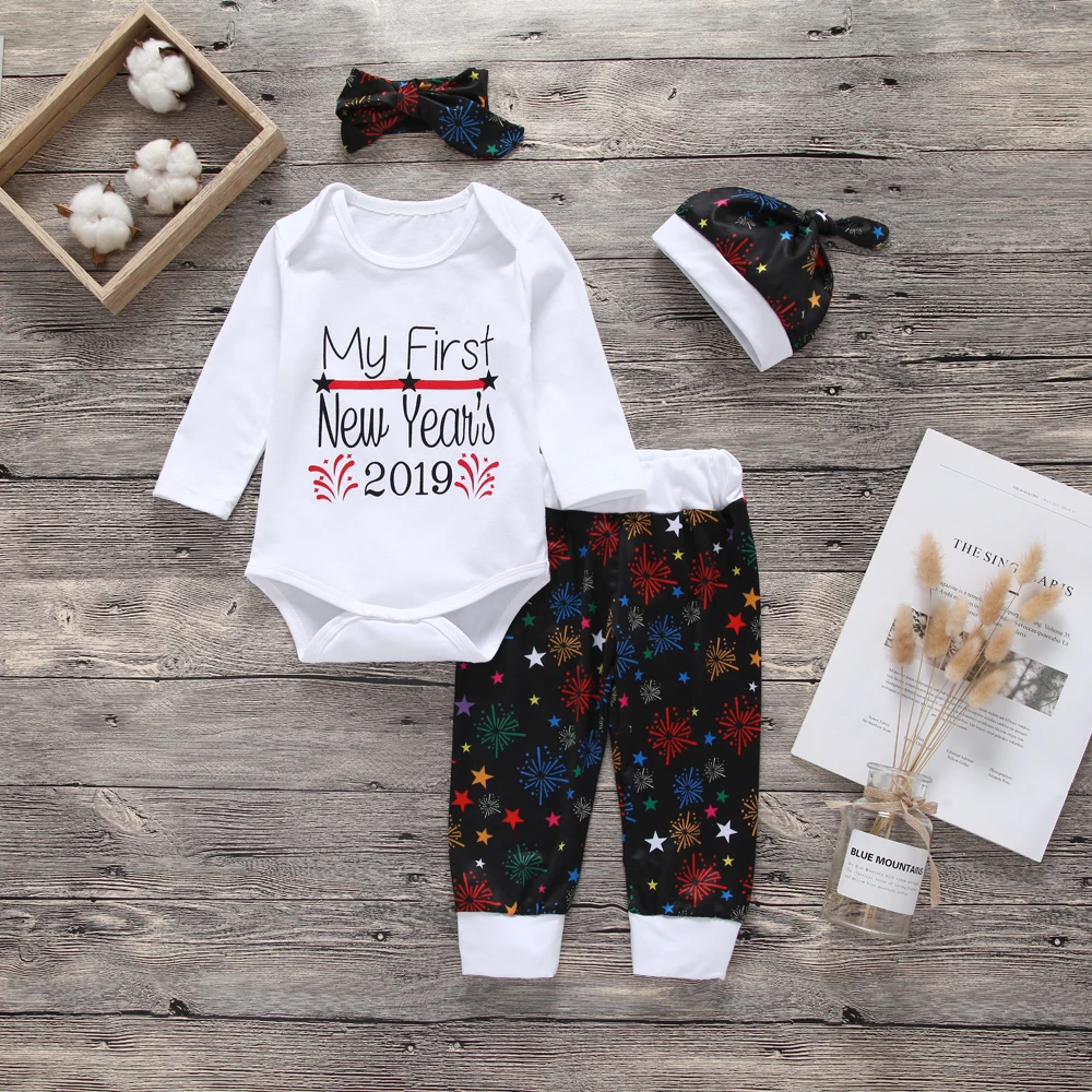 Autumn Winter Children Clothes Set Newborn Baby Girl Boy Long Sleeve Striped Tops+Pants Hat Headband 4pcs Outfit | Детская одежда и