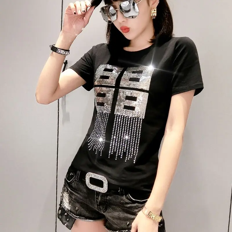 Black tshirt Однотонная футболка с блестками и бриллиантами, круглый вырез, новинка, летний офисный женский хлопковый топ, рубашка, Camiseta Mujer, черный, белый цвет, T95107L - Цвет: Black tshirt