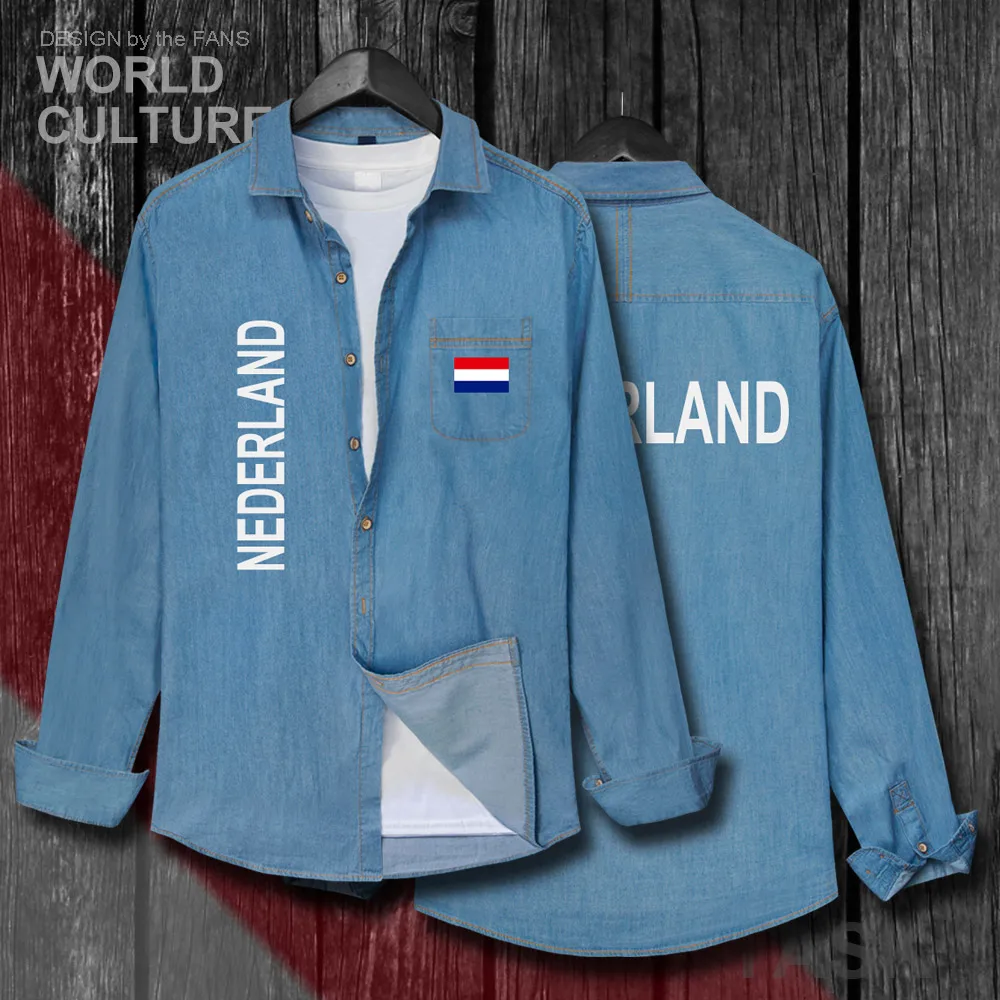 

Netherlands Low Countries Holland Dutch NLD Men Autumn Cotton Turn-down Collar Jeans Shirt Long Sleeve Cowboy Coat Flags Clothes