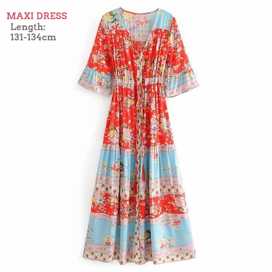 Женское длинное платье в стиле бохо с V-образным вырезом и цветочным принтом |