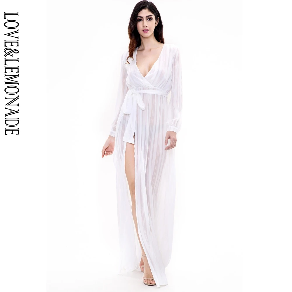 Белое длинное платье Love & Lemonade с треугольным вырезом и разрезом TB 8923|maxi dress|slit maxi