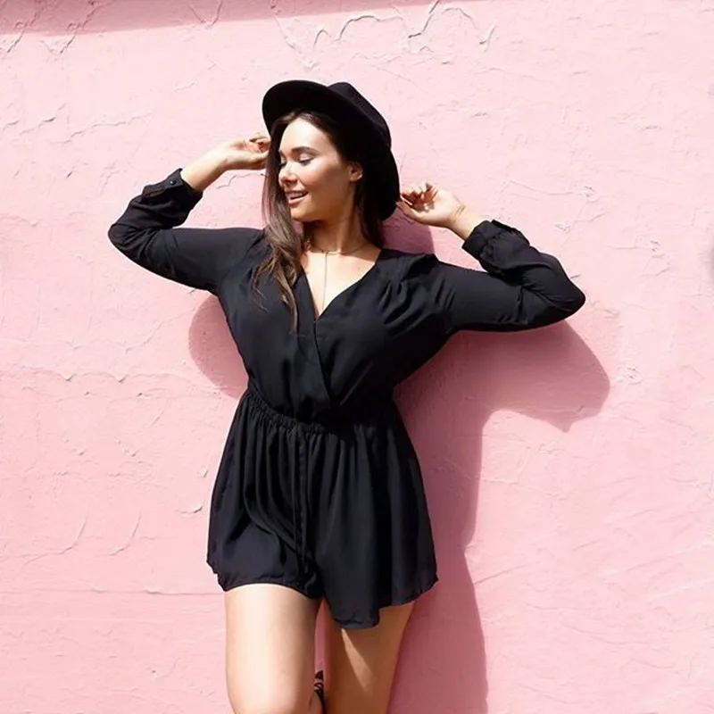 2017 Женский шифоновый комбинезон Короткий женский на груди с длинным рукавом