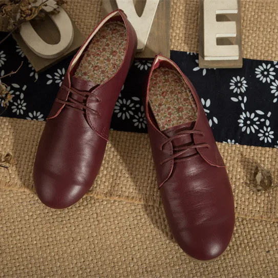 Wine red Movland/Женская обувь на плоской подошве ручной работы из натуральной воловьей кожи; Повседневная обувь в британском стиле с закрытым носком в стиле «Древний дзен» и «mori girl»; 2 цвета - Цвет: Wine red