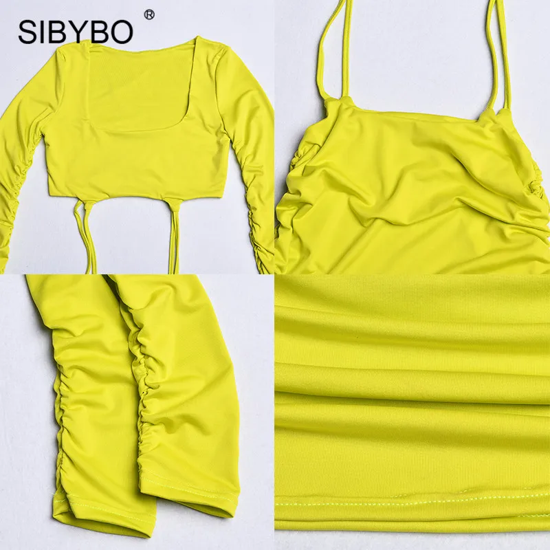 Sibybo, выдалбливают, шнурок, мини, сексуальное, женское платье, длинный рукав, плиссированные, Осенние, вечерние, одноцветные, пляжные, женские, повседневные платья